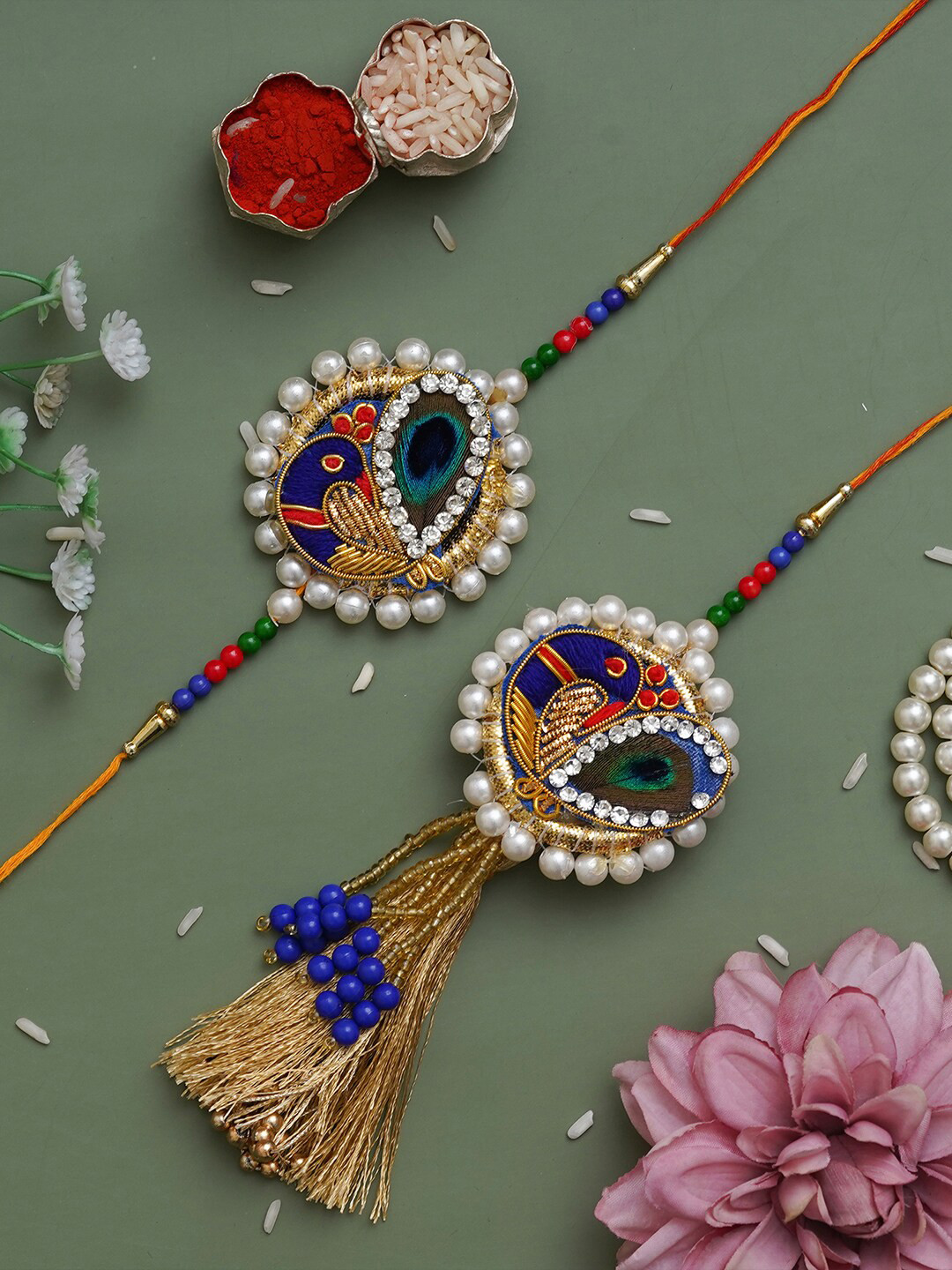 eCraftIndia Beautiful Peacock and Pearls Designer Bhaiya Bhabhi Rakhi Set