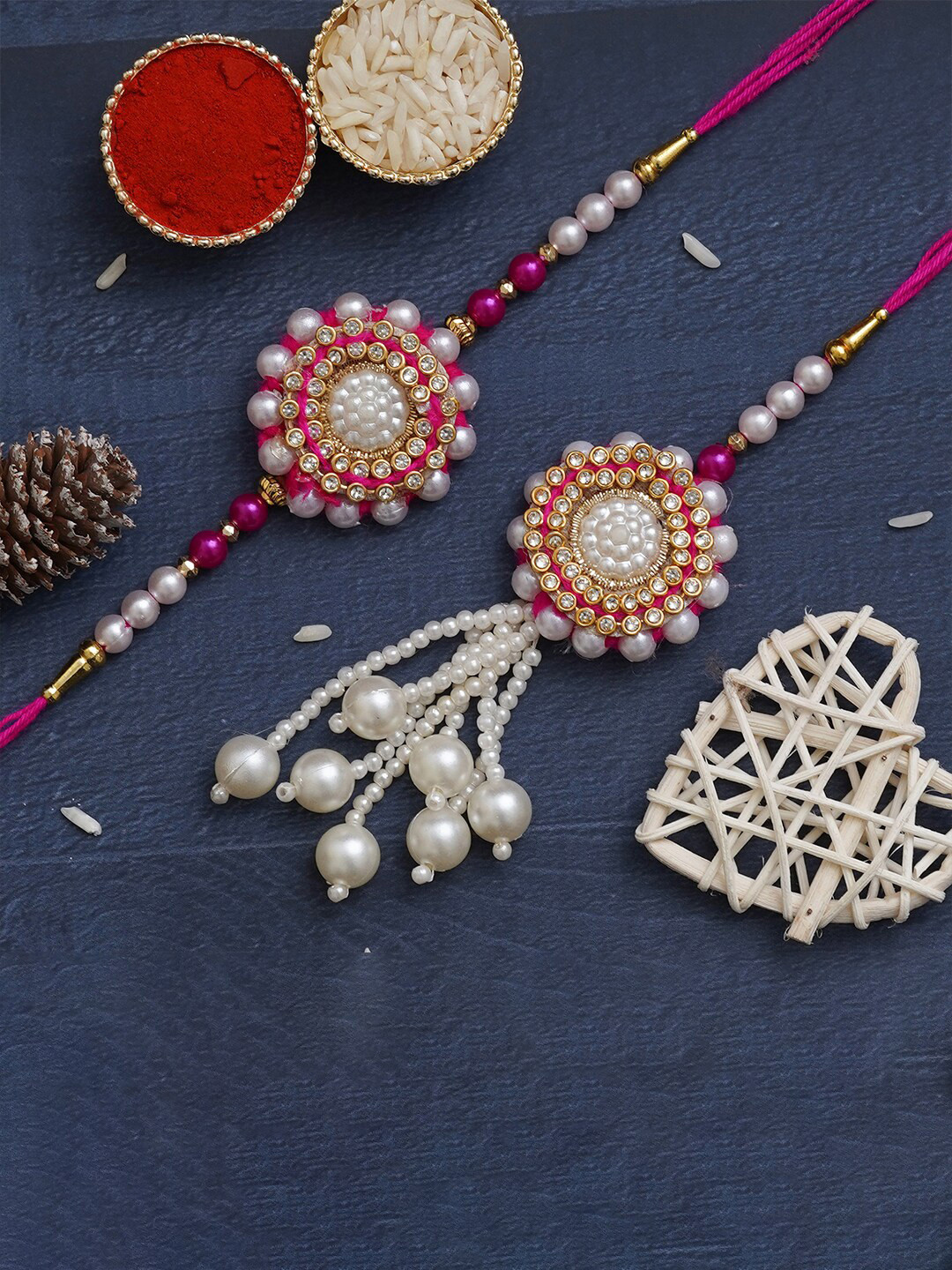 eCraftIndia Unisex Set Of 2 Stone Studded Bhaiya Bhabhi Rakhi Set