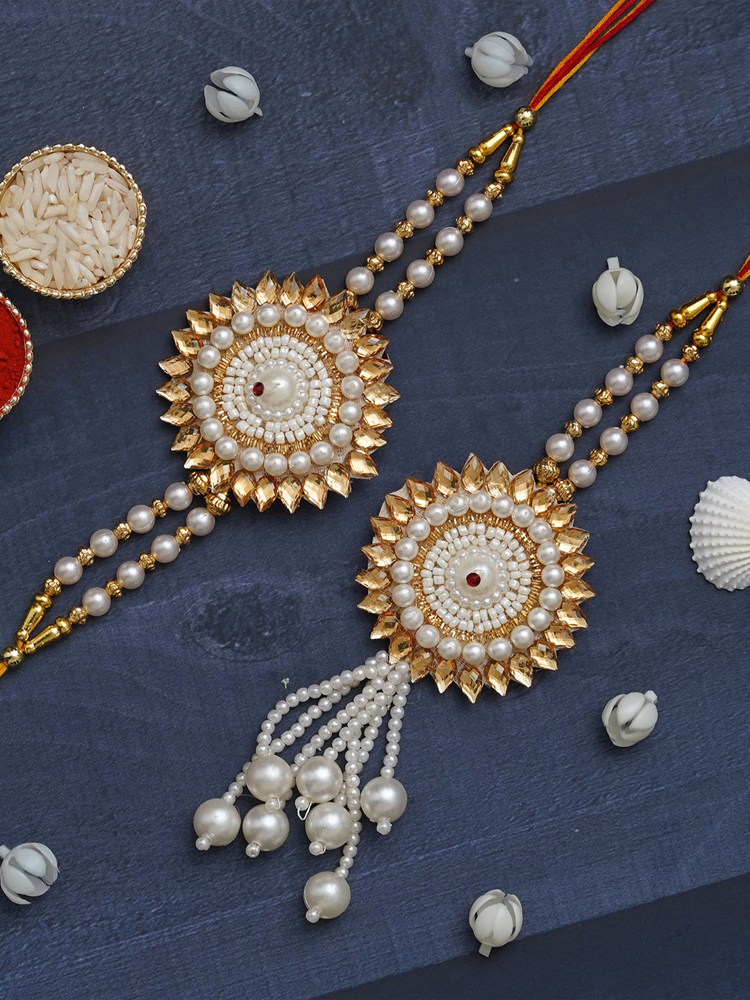eCraftIndia Pearls Designer Bhaiya Bhabhi Rakhi Set With Roli Chawal Pack