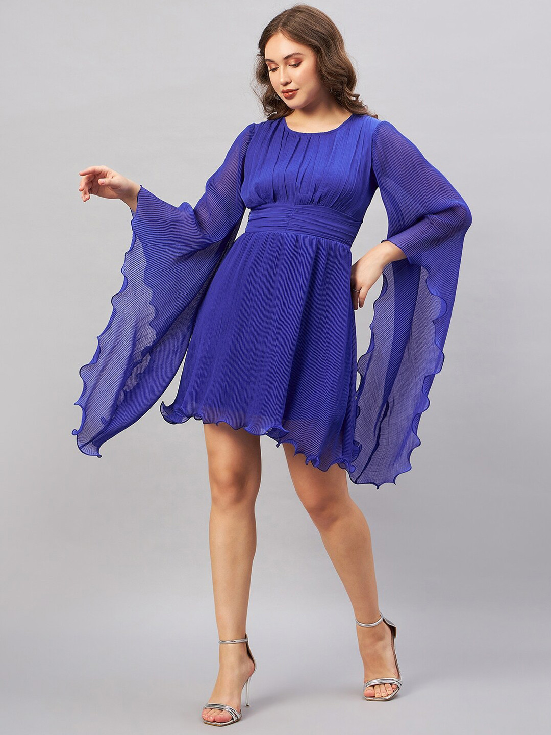 Antheaa Blue Long Flared Sleeve Smocked Accordion Pleated Fit & Flare Dress