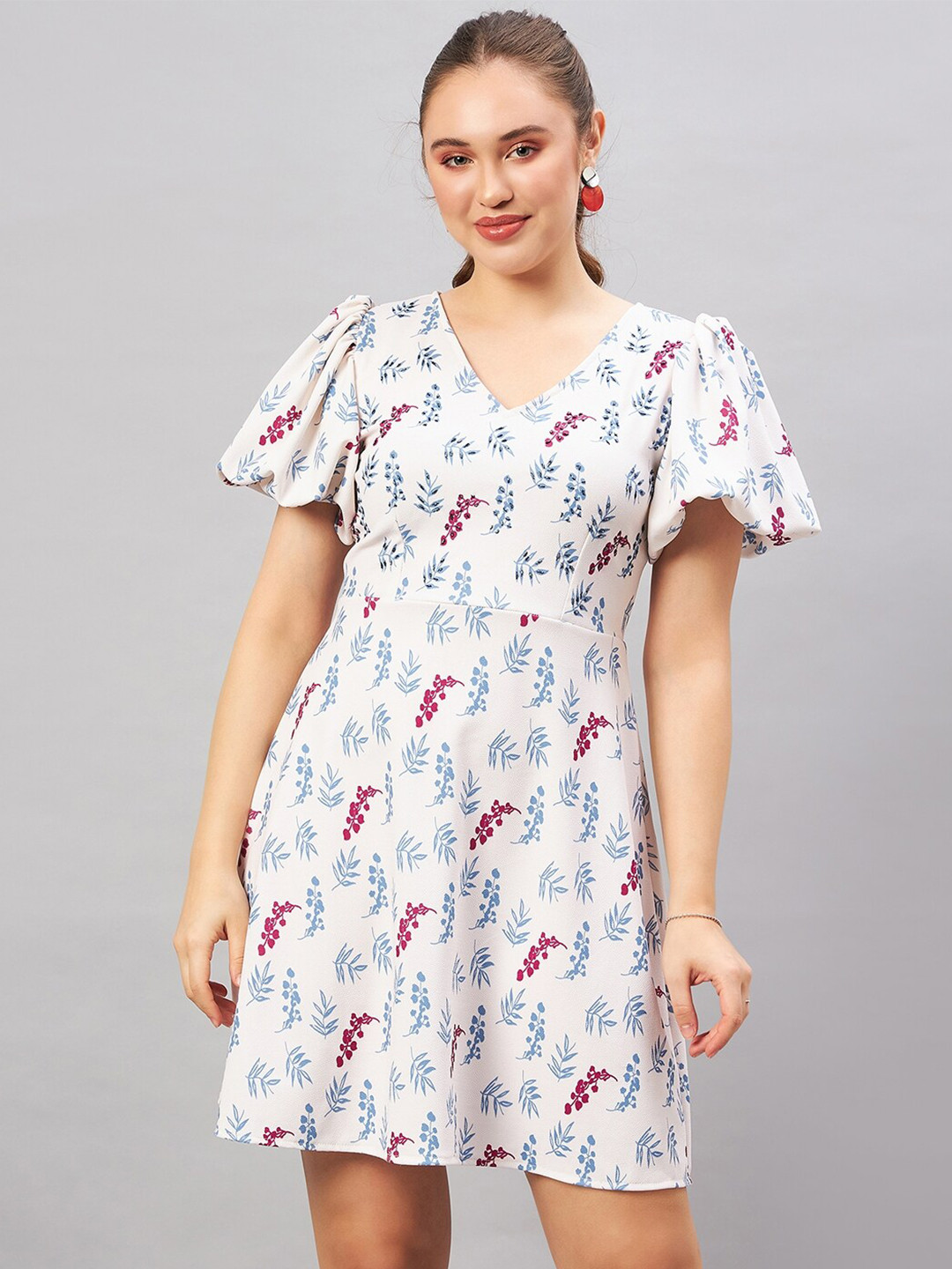 Antheaa Off White & Blue Floral Printed Puff Sleeves A-Line Dress