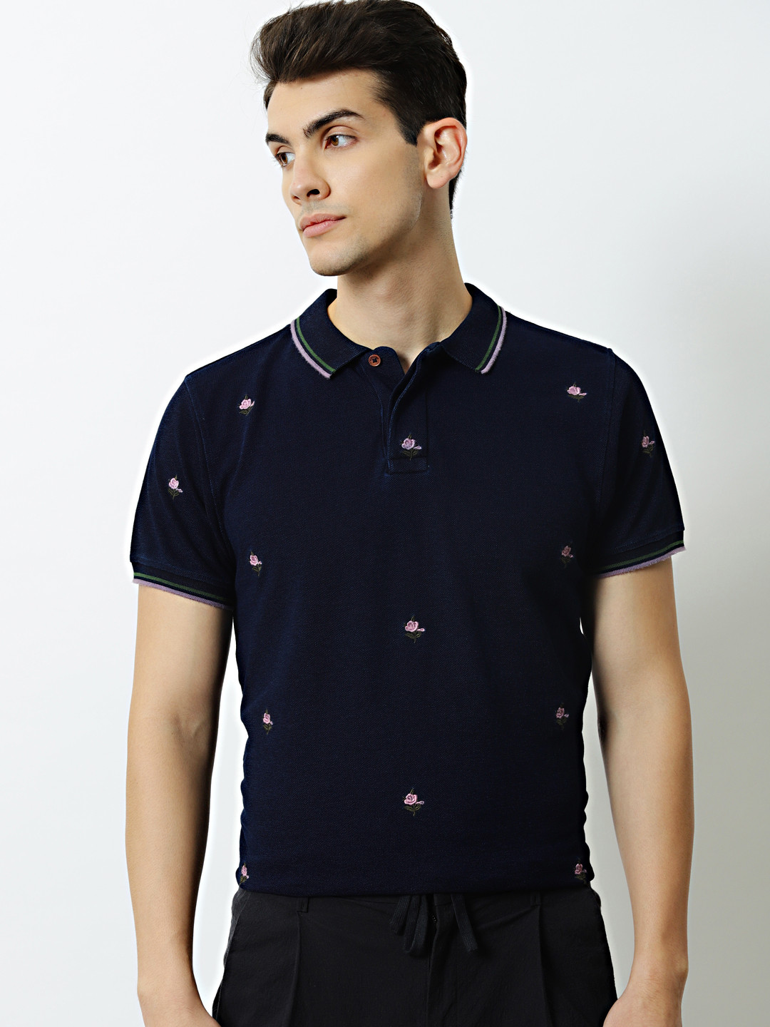 Mr Bowerbird Men Navy Blue Embroidered Holiday Indigo Polo Pure Cotton T-shirt