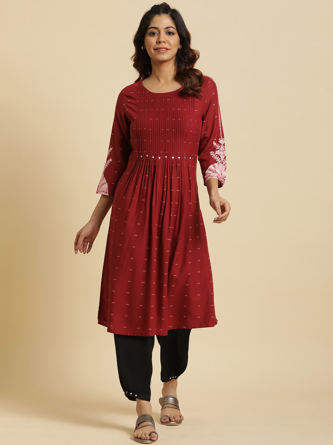 W Maroon & Beige Geometric Woven Design Mirror Work A-Line Kurta
