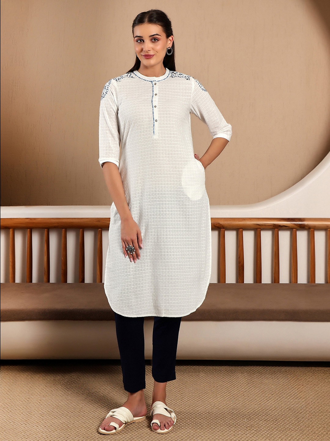 Buy W Floral Embroidered Mandarin Collar Cotton Regular Kurta Kurtas for Women 24113024 Myntra