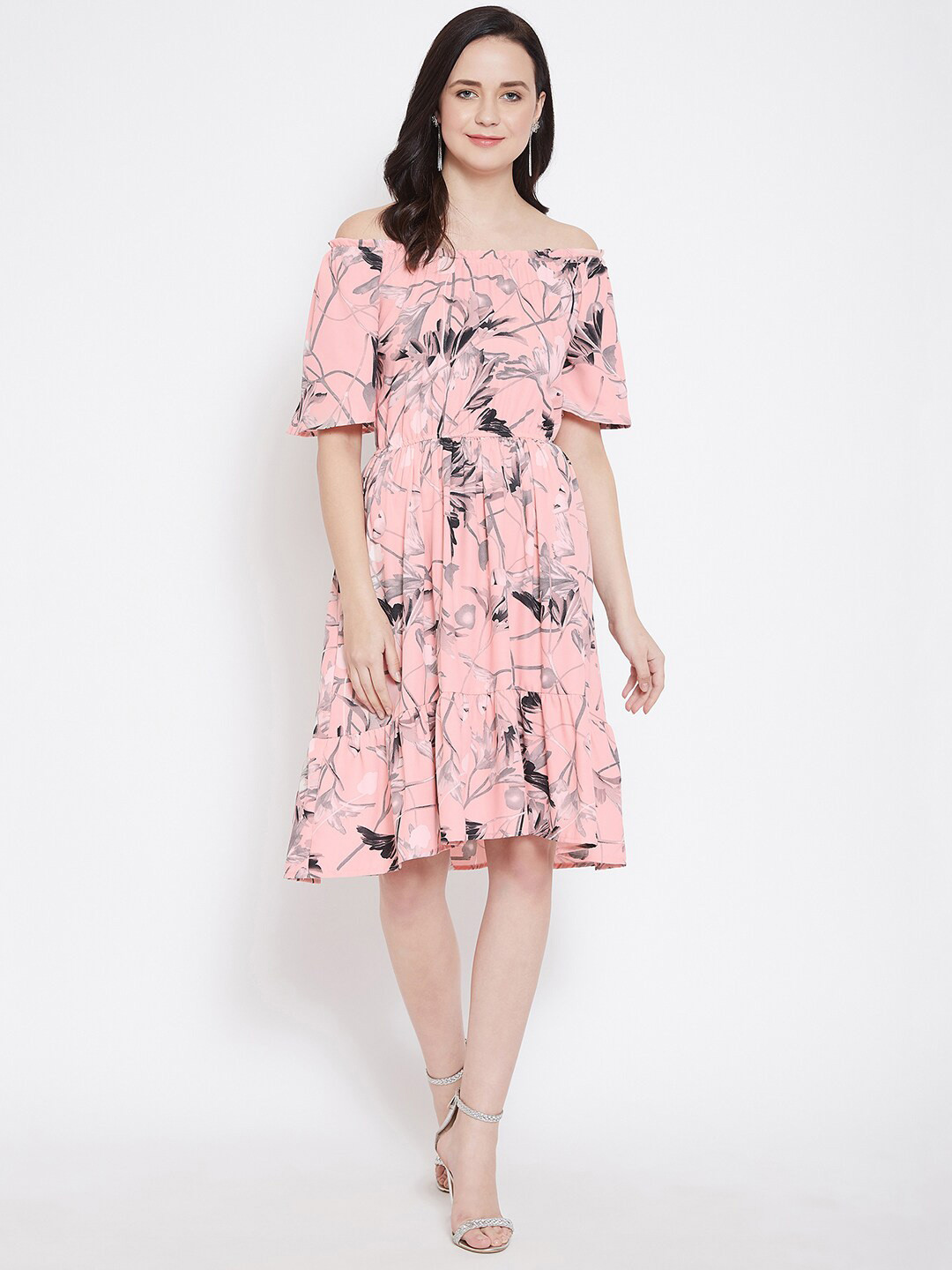 BAESD Floral Printed Tiered Off-Shoulder Flared Sleeve Georgette Fit & Flare Dress