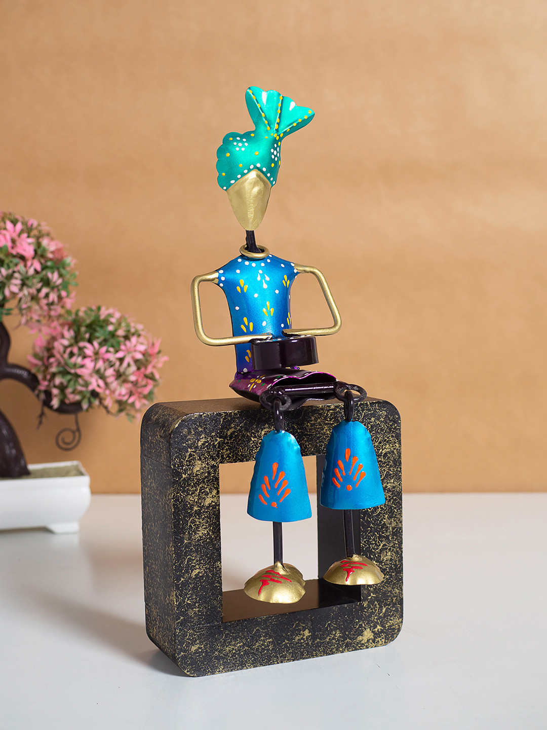 Golden Peacock Musician Blue Metal Metallic Living Room Hand-Crafted Medium Showpiece - 11.4 Inches