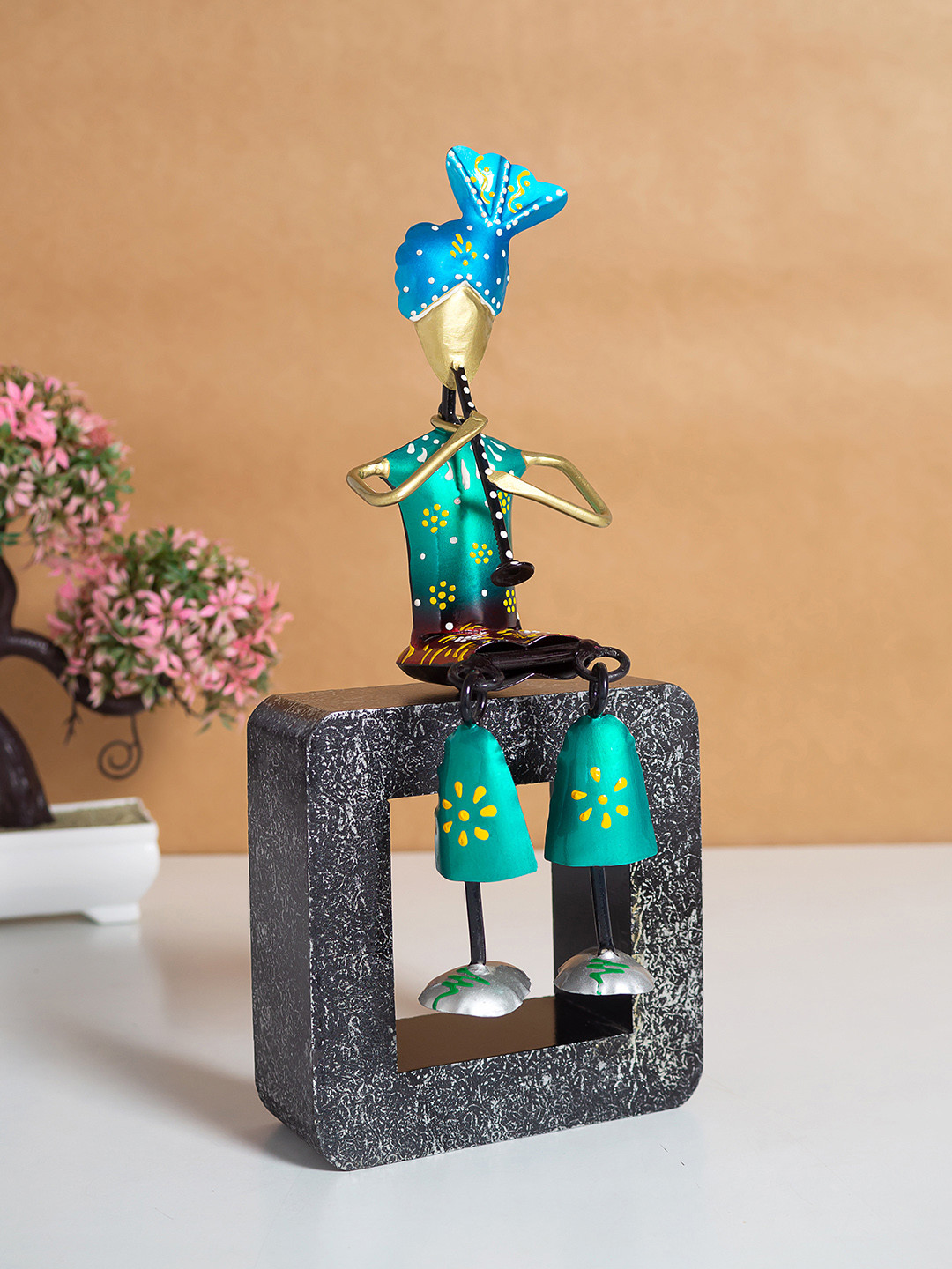 Golden Peacock Green & Blue Musician Figurine Metal Showpiece
