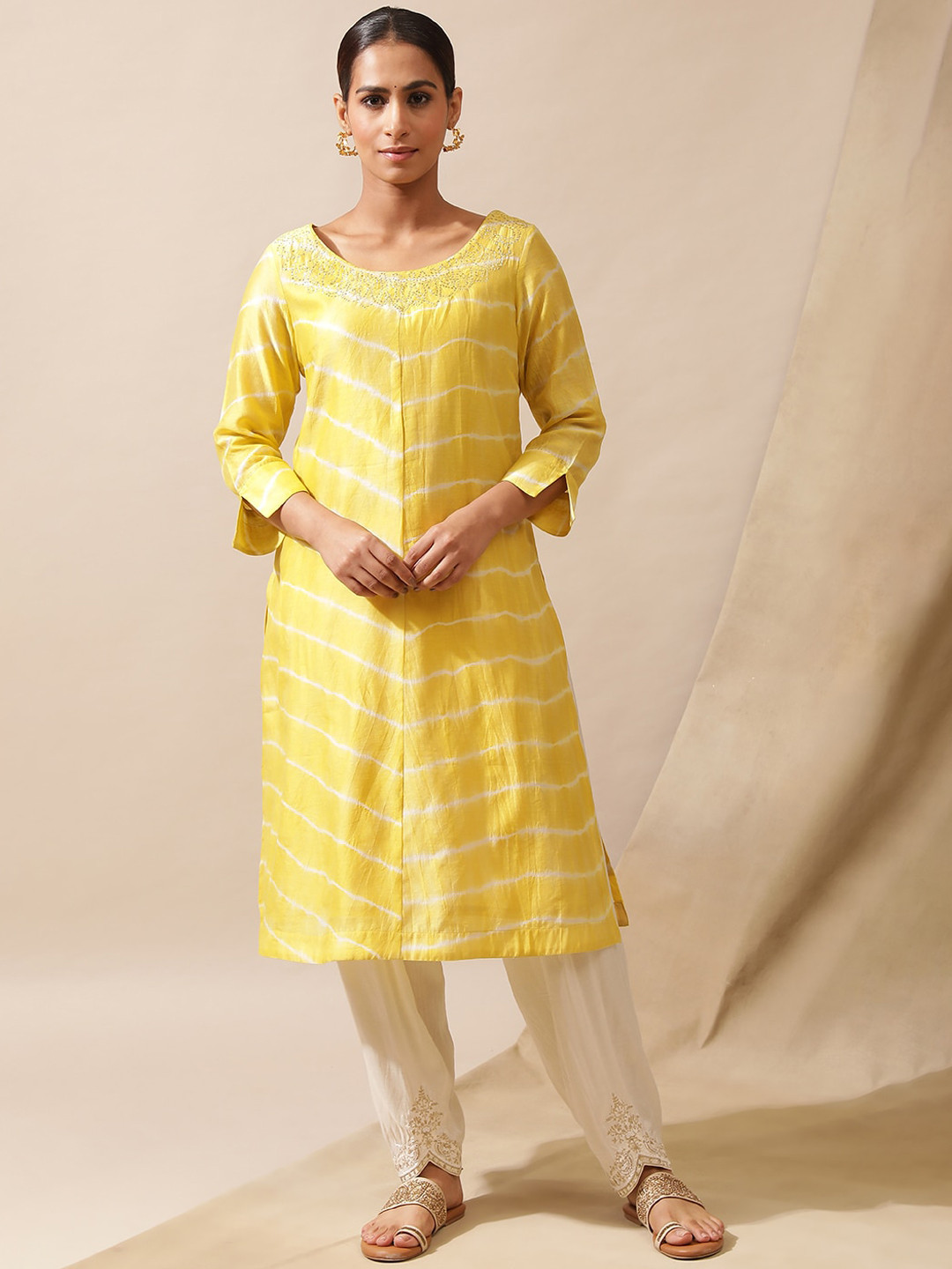 Folk Song  YelloFolk Song  Striped Dyed Beads & Stones Detailed A-Line Kurta