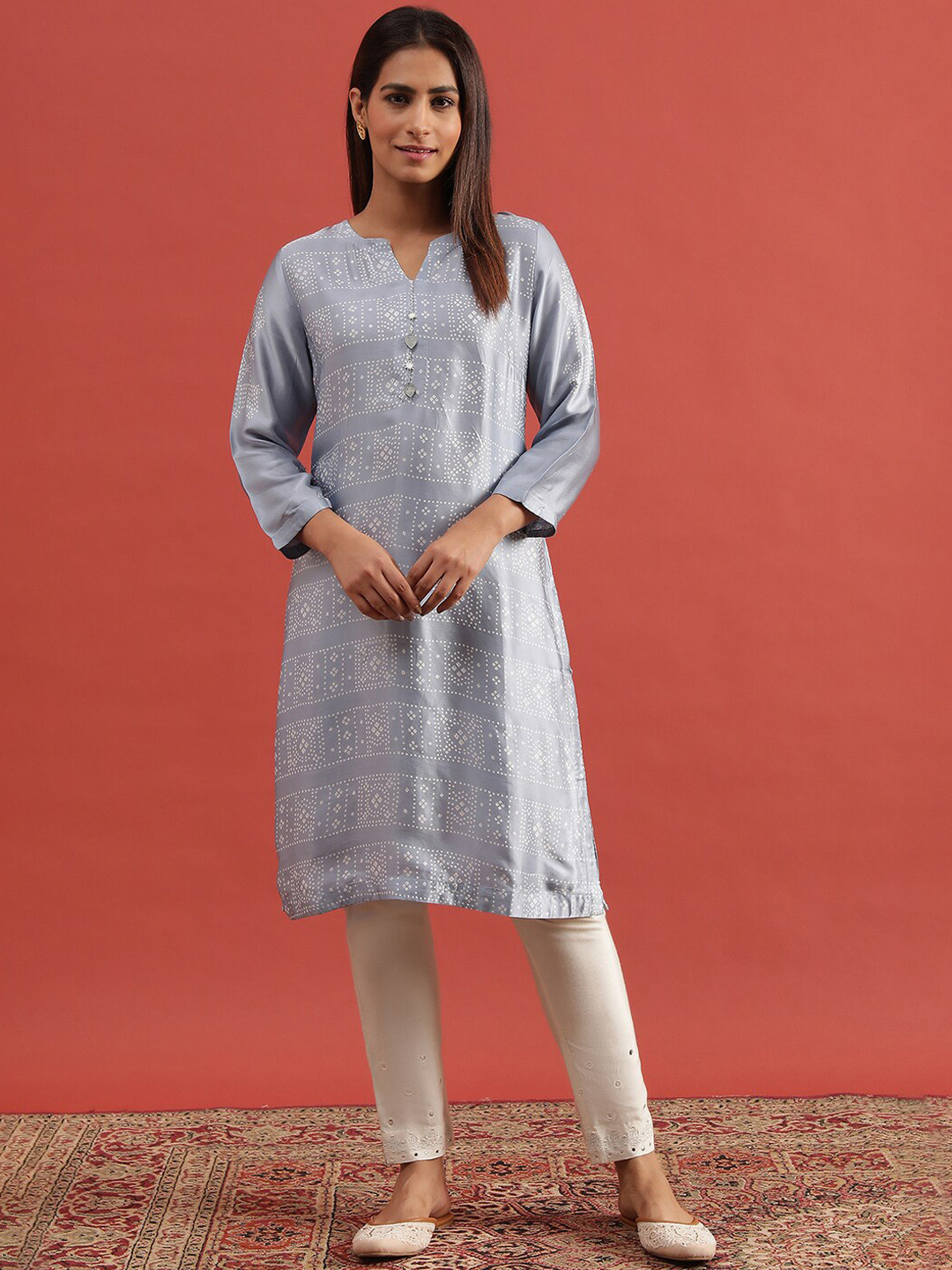 Folk Song  Blue Bandhani Printed Round Neck Straight Kurta