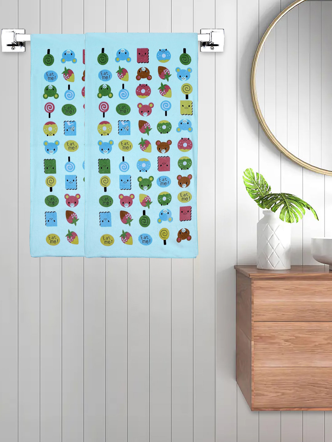 FABINALIV Set of 2 Blue Cartoon Printed 420 GSM Cotton Kids Bath Towels