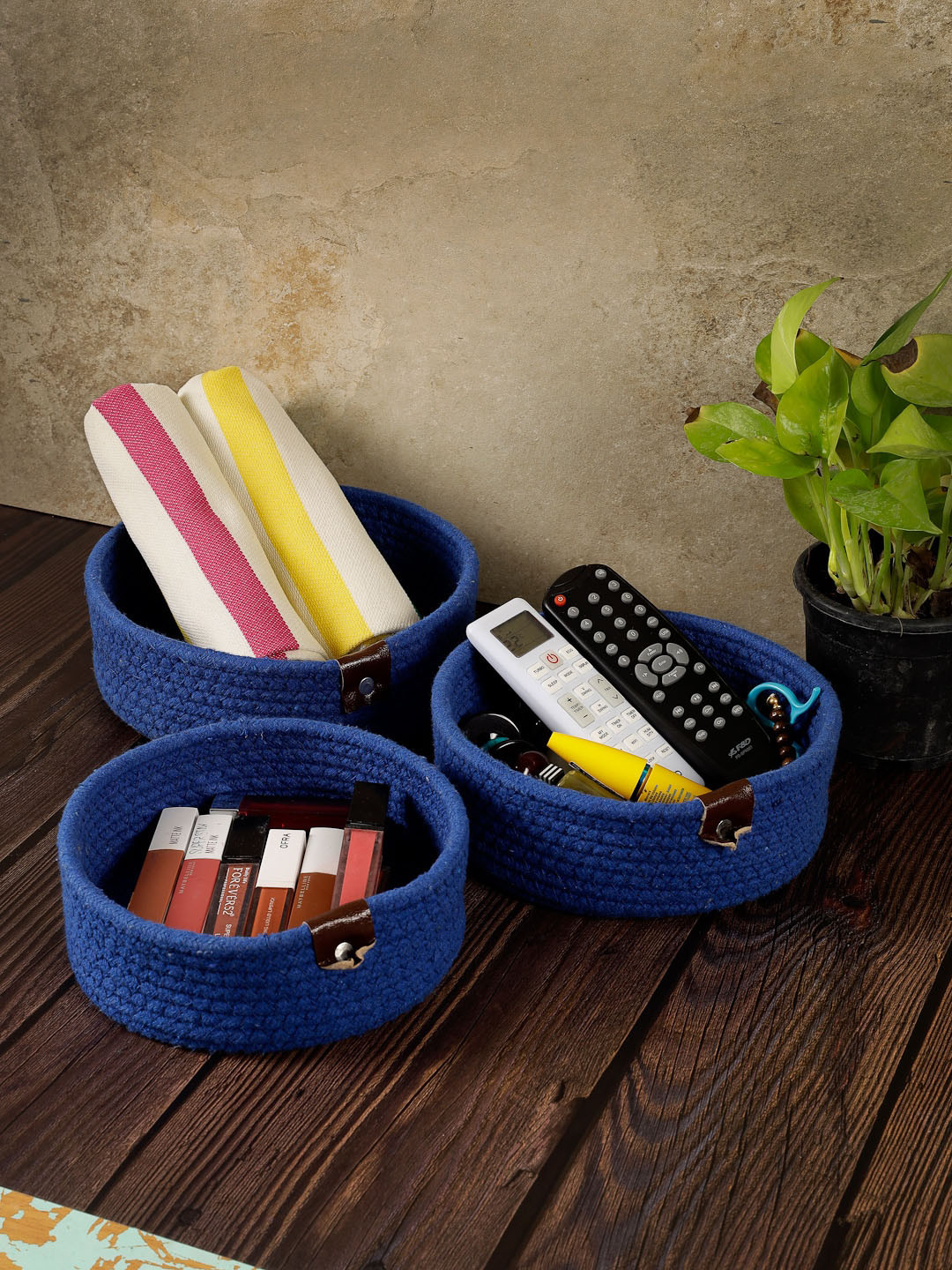 FABINALIV Navy Blue 3 Pieces Textured Multipurpose Organisers
