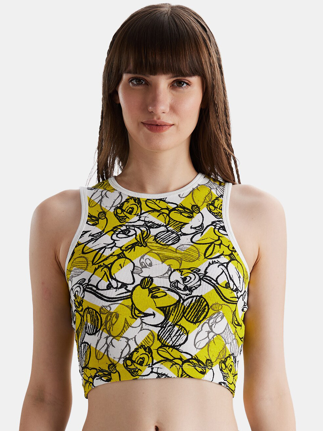 The Souled Store White, Yellow And Black Mickey Mouse Graphic Printed Cotton Tank Crop Top