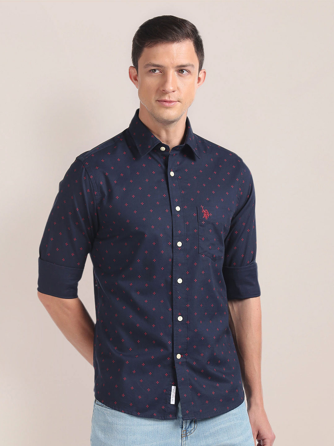 U S Polo Assn. Micro Ditsy Printed Spread Collar Pure Cotton Casual Shirt