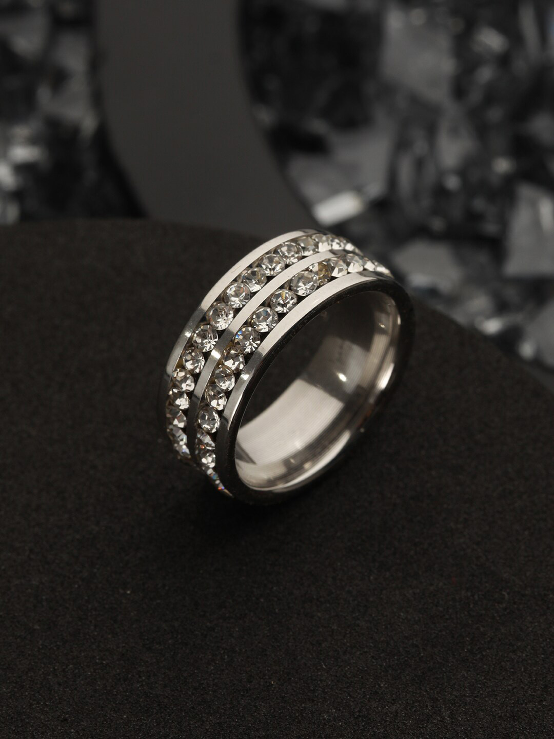 Bold by Priyaasi Men Silver-Plated American Diamond Studded Finger Ring