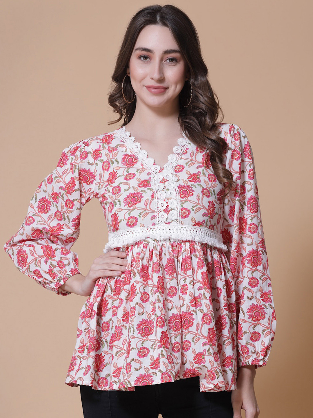 God Bless Floral Printed V-Neck Puff Sleeves Cotton Peplum Top