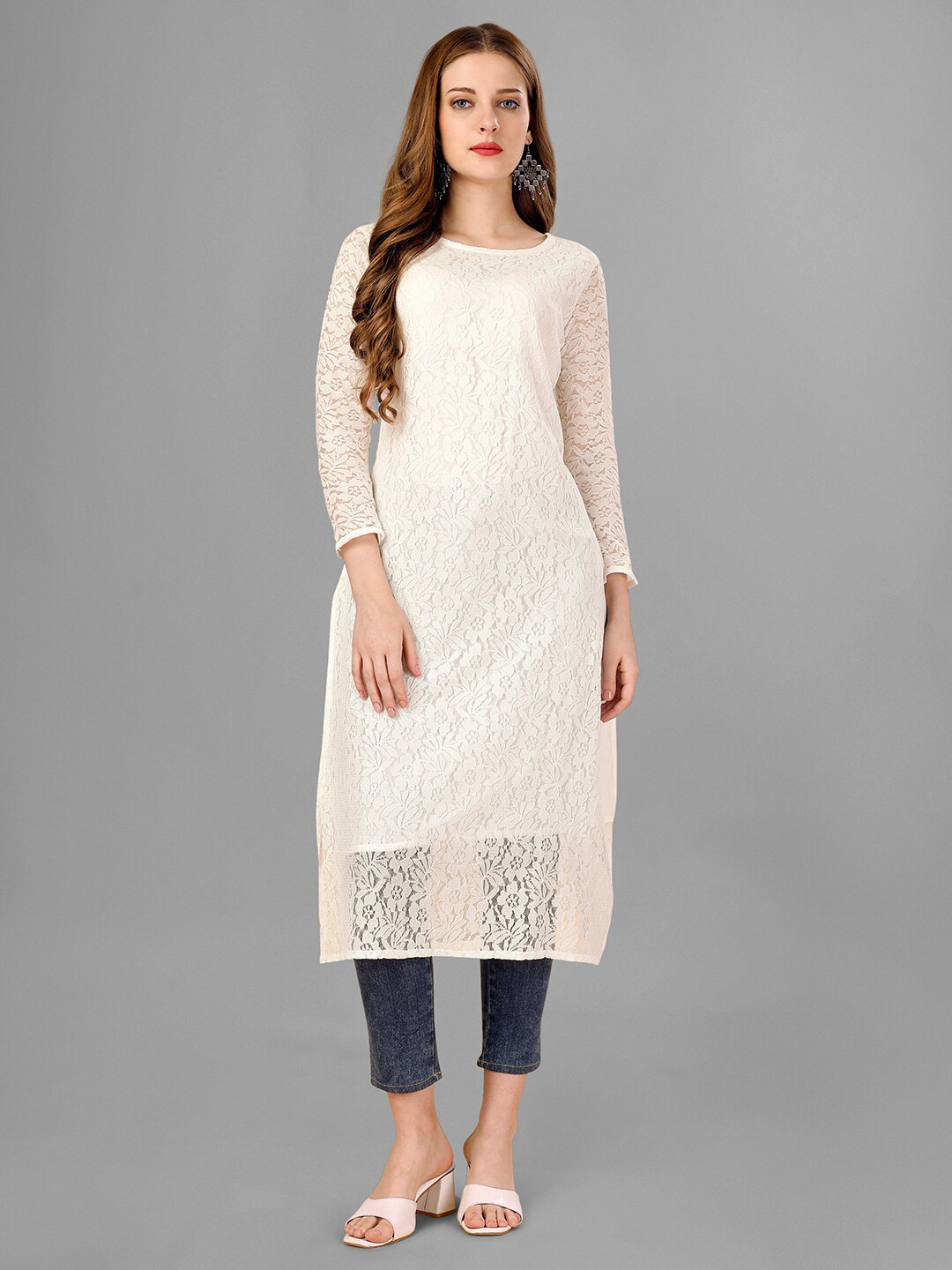 FORKEY Floral Self Design Round Neck Straight Kurta