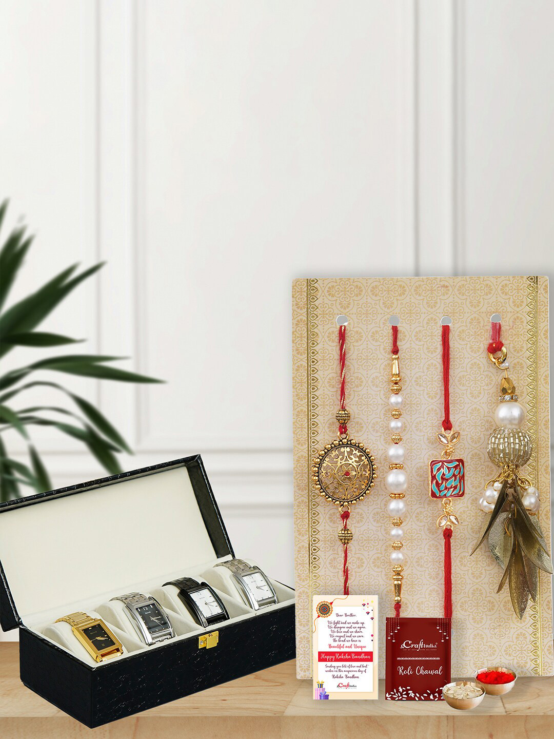 eCraftIndia Set Of 4 Rakhis With Watch Organizer Box