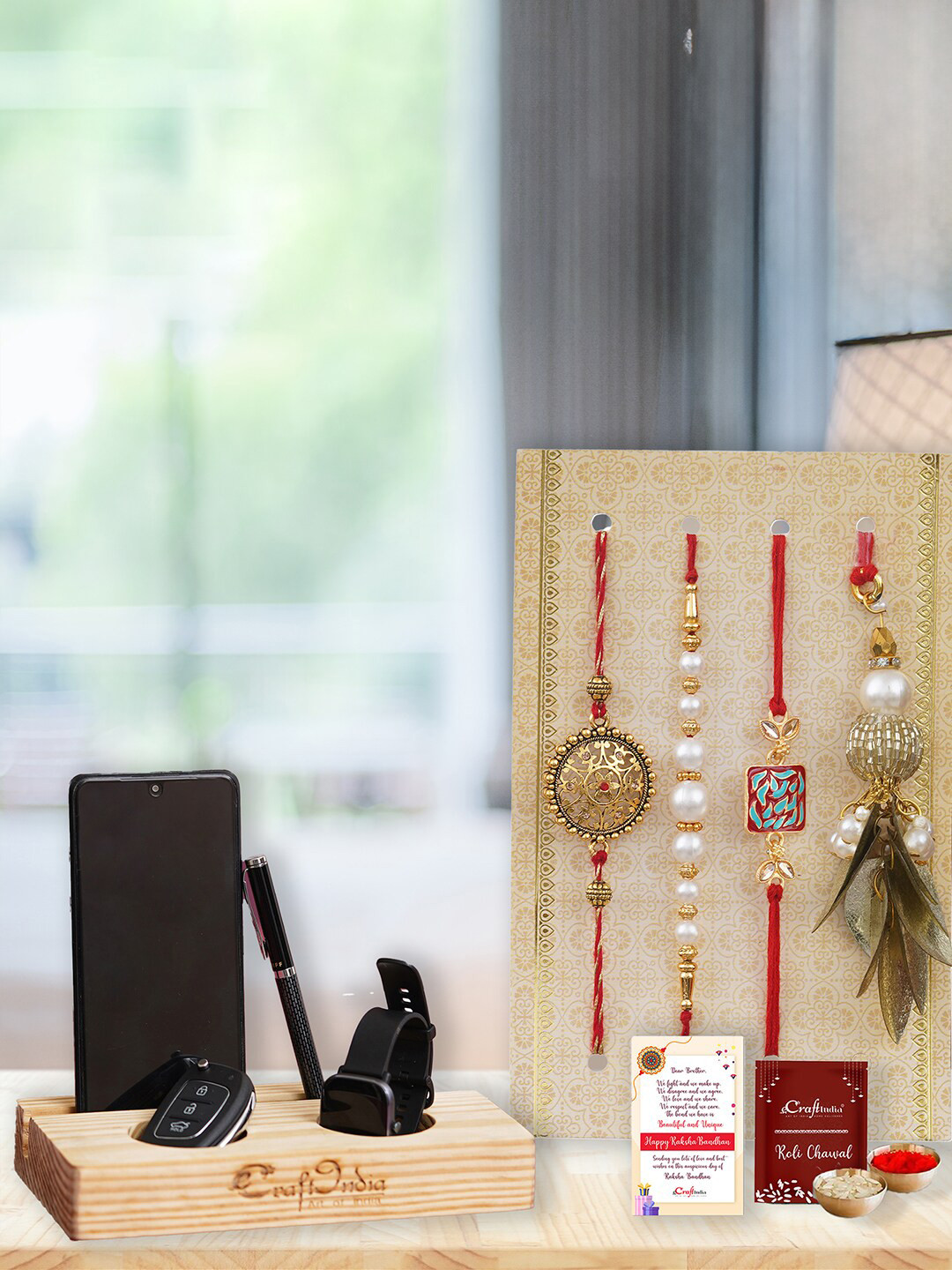 eCraftIndia Set of 5 Floral & Diamonds & Lumba Designer Rakhis With Multiutility Holder