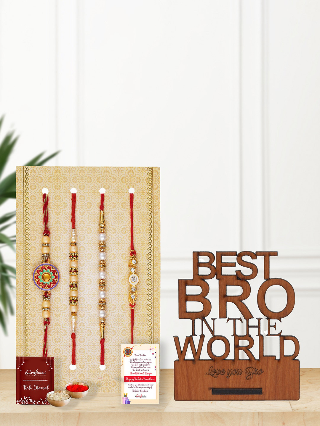 eCraftIndia Unisex Set of 4 Pearl Rakhis with Roli Chawal Card & Wooden Showpiece Gift
