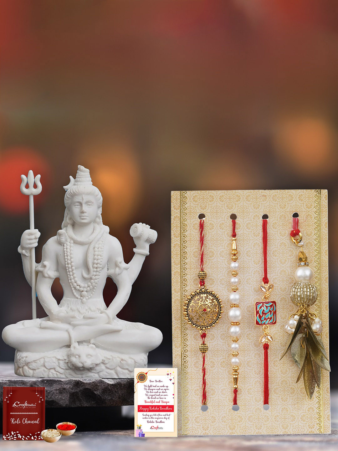 eCraftIndia Unisex Set of 4 Pearl Rakhi with Roli Chawal & Lord Shiva Statue Greeting Card