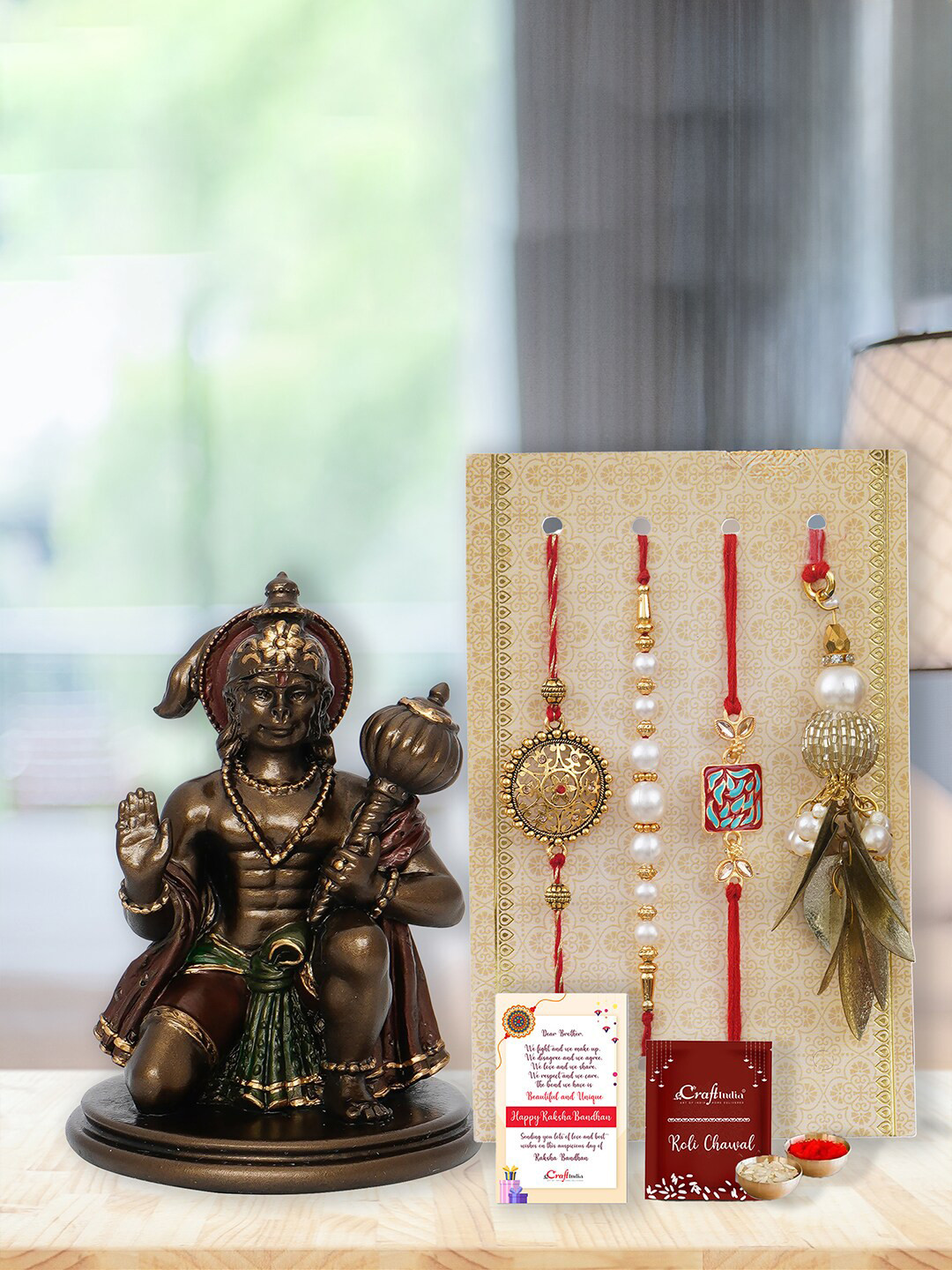 eCraftIndia Set of 4 Stone Studded & Beaded Rakhis With Lord Hanuman Statue