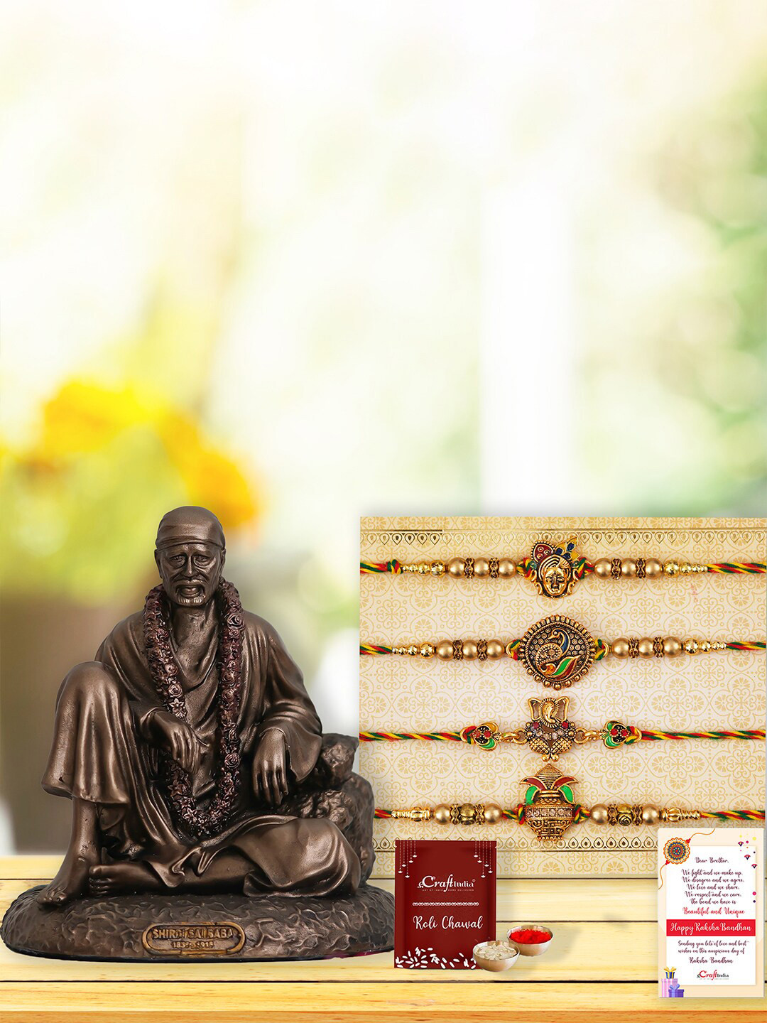 eCraftIndia Unisex Set of 4 Rakhis With Sai Baba Statue, Roli Chawal & Greeting Card