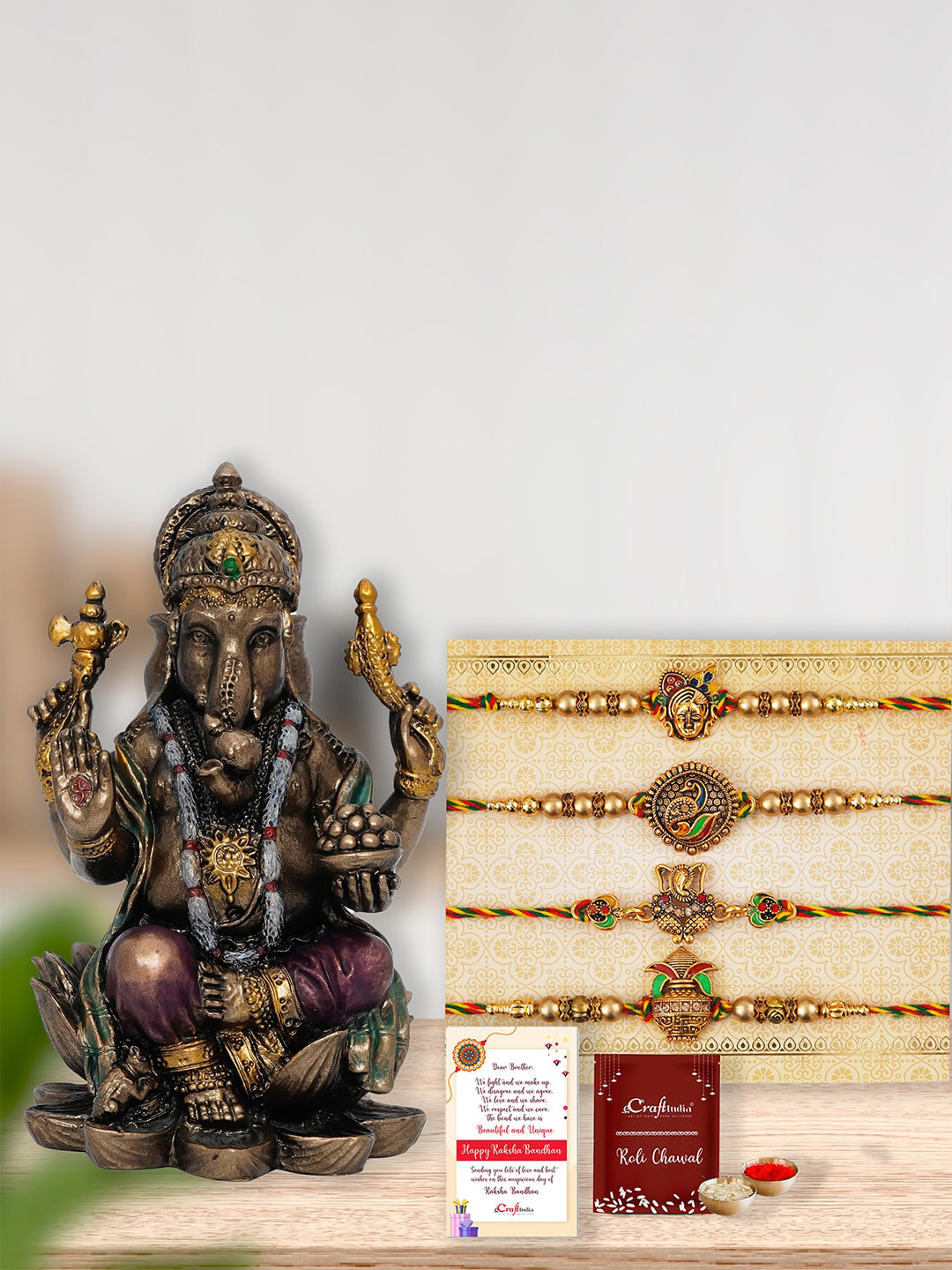 eCraftIndia Set of 5 Rakhi Gift Set with Lord Ganesha Idol