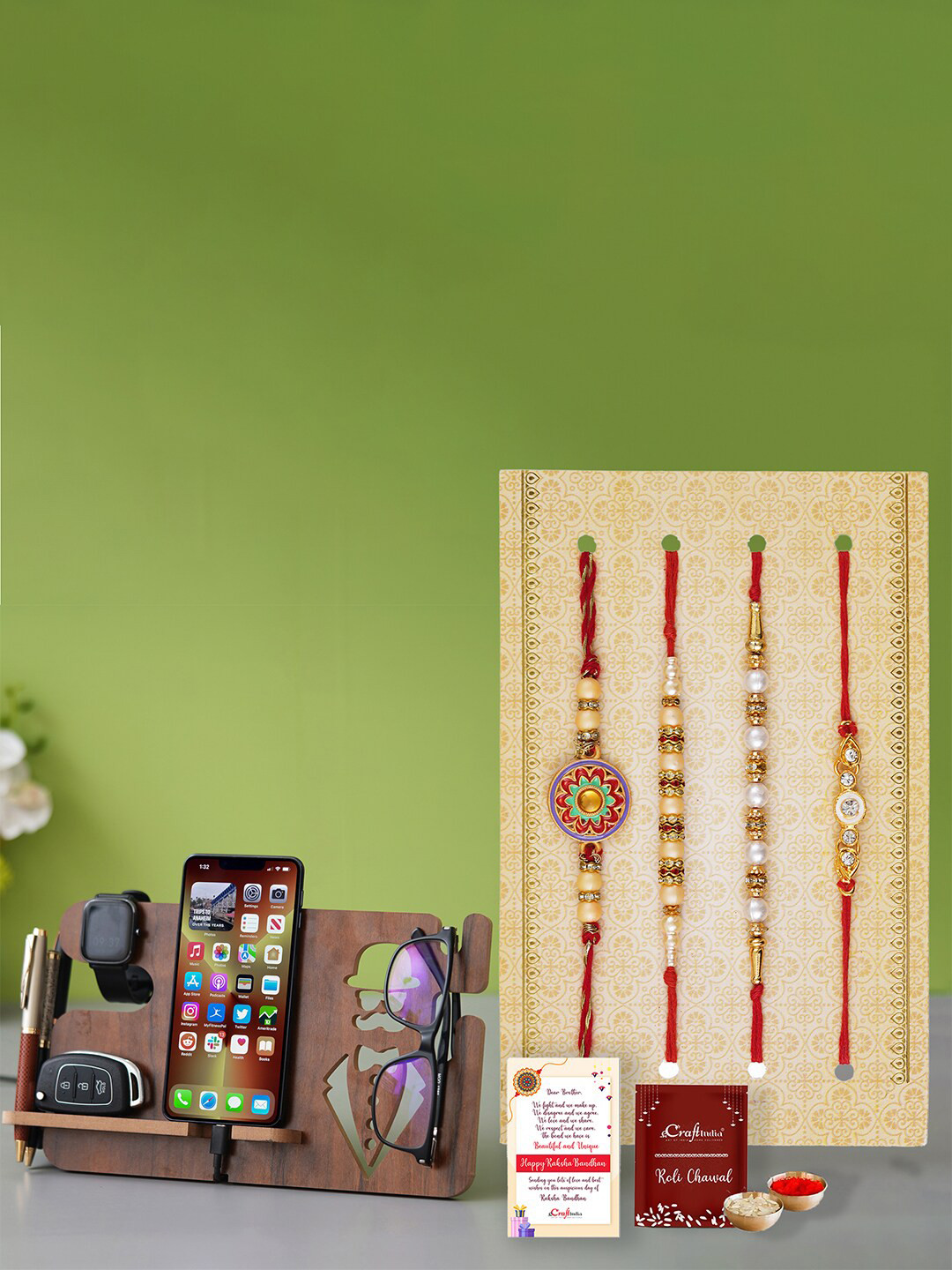 eCraftIndia Set of 4 Designer Floral & Diamonds Designer Rakhis With Multiutility Holder