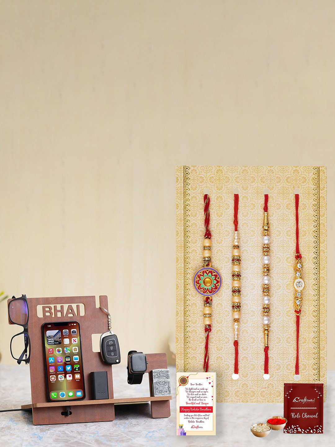 eCraftIndia Set of 4 Rakhi with Roli Chawal & Desk Organizer Greeting Card Gift Set