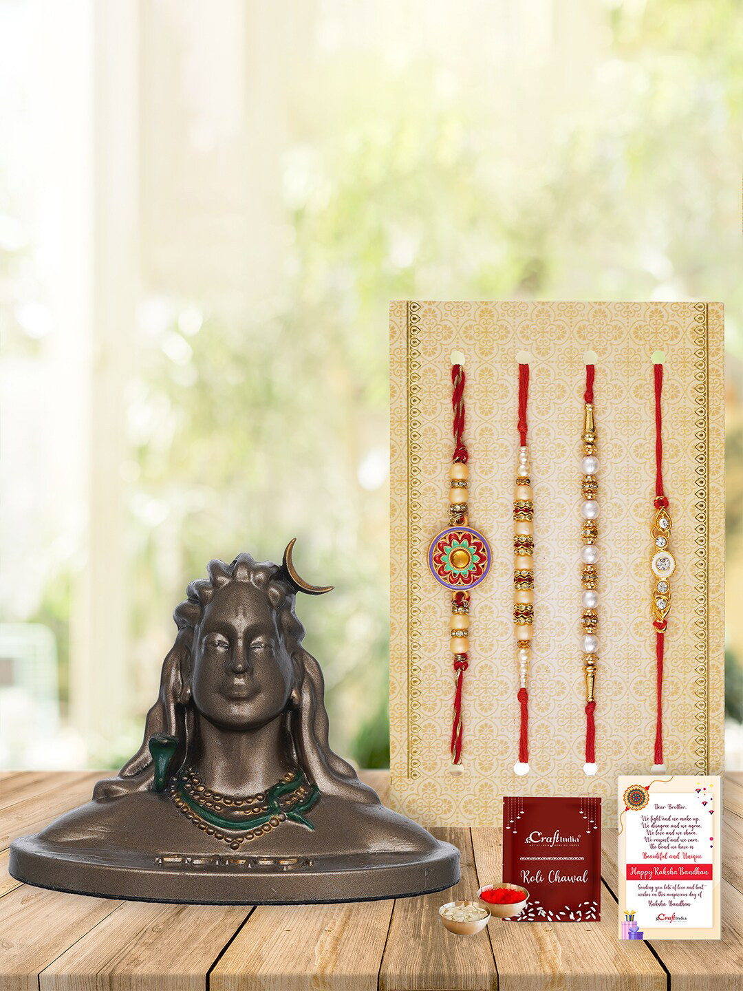 eCraftIndia Set Of 4 Studded Rakhi with Adiyogi Shiva Statue & Roli Chawal Greeting Card