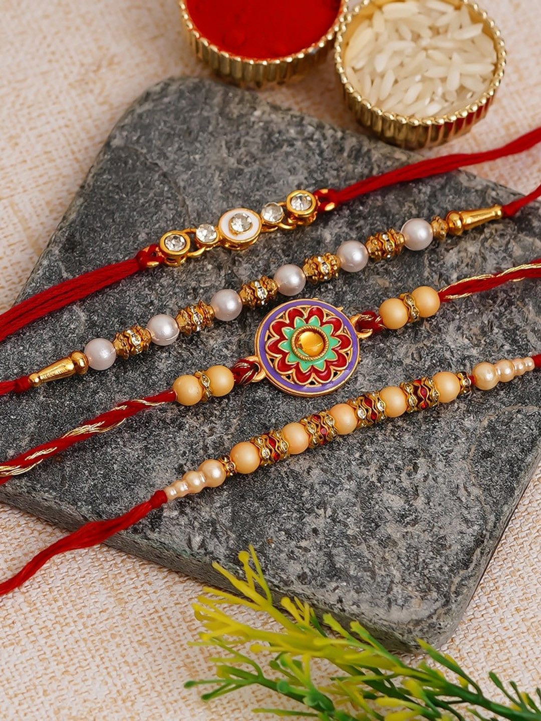 eCraftIndia Unisex Set of 4 Rakhis With Watch Organizer Box, Roli Chawal & Greeting Card