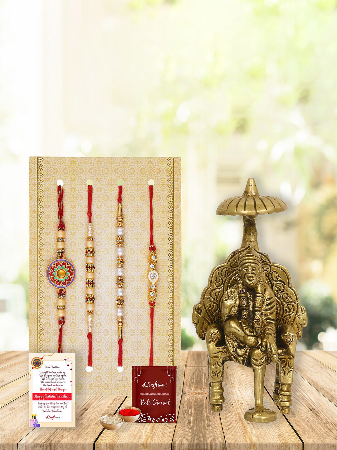 eCraftIndia Unisex Set of 4 Rakhis With Sai Baba Statue, Roli Chawal & Greeting Card