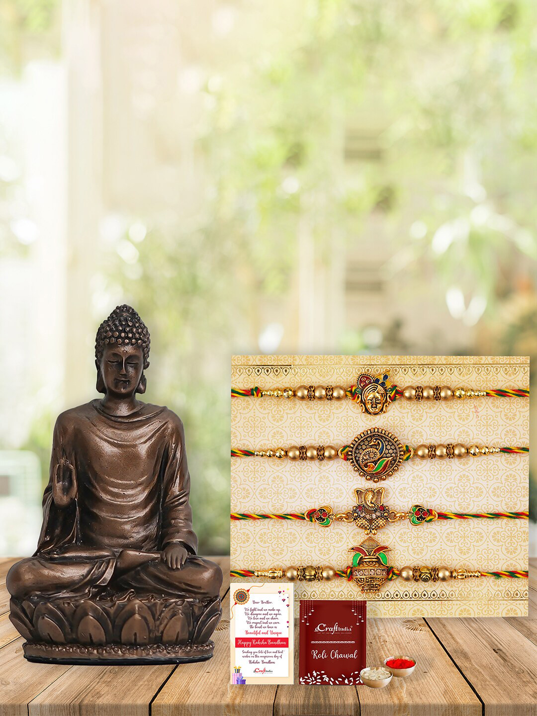 eCraftIndia Set of 4 Rakhis with Roli Chawal & Lord Buddha Idol Greeting Card Gift Set