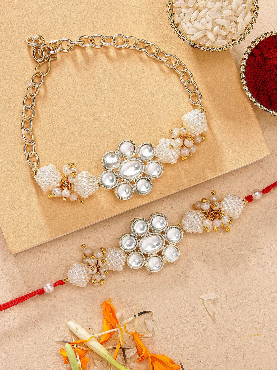 KARATCART Set of 2 Gold Plated Bhaiya Bhabhi Rakhi Combo With Roli & Chawal