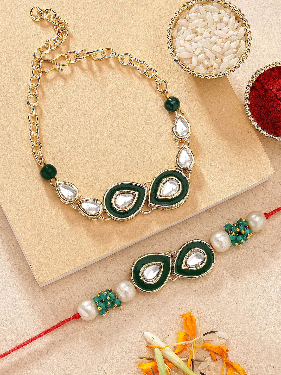 KARATCART Set of 2 Gold Plated Bhaiya Bhabhi Rakhi Combo with Roli & Chawal