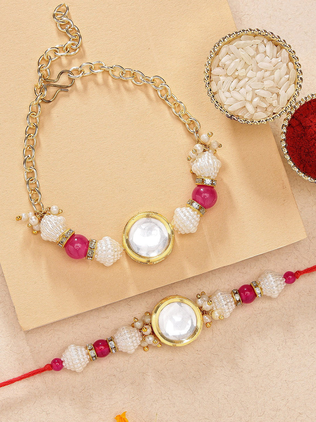 KARATCART Set of 2 Gold Plated Polki Kundan Bhaiya Bhabhi Rakhi With Roli & Chawal Combo