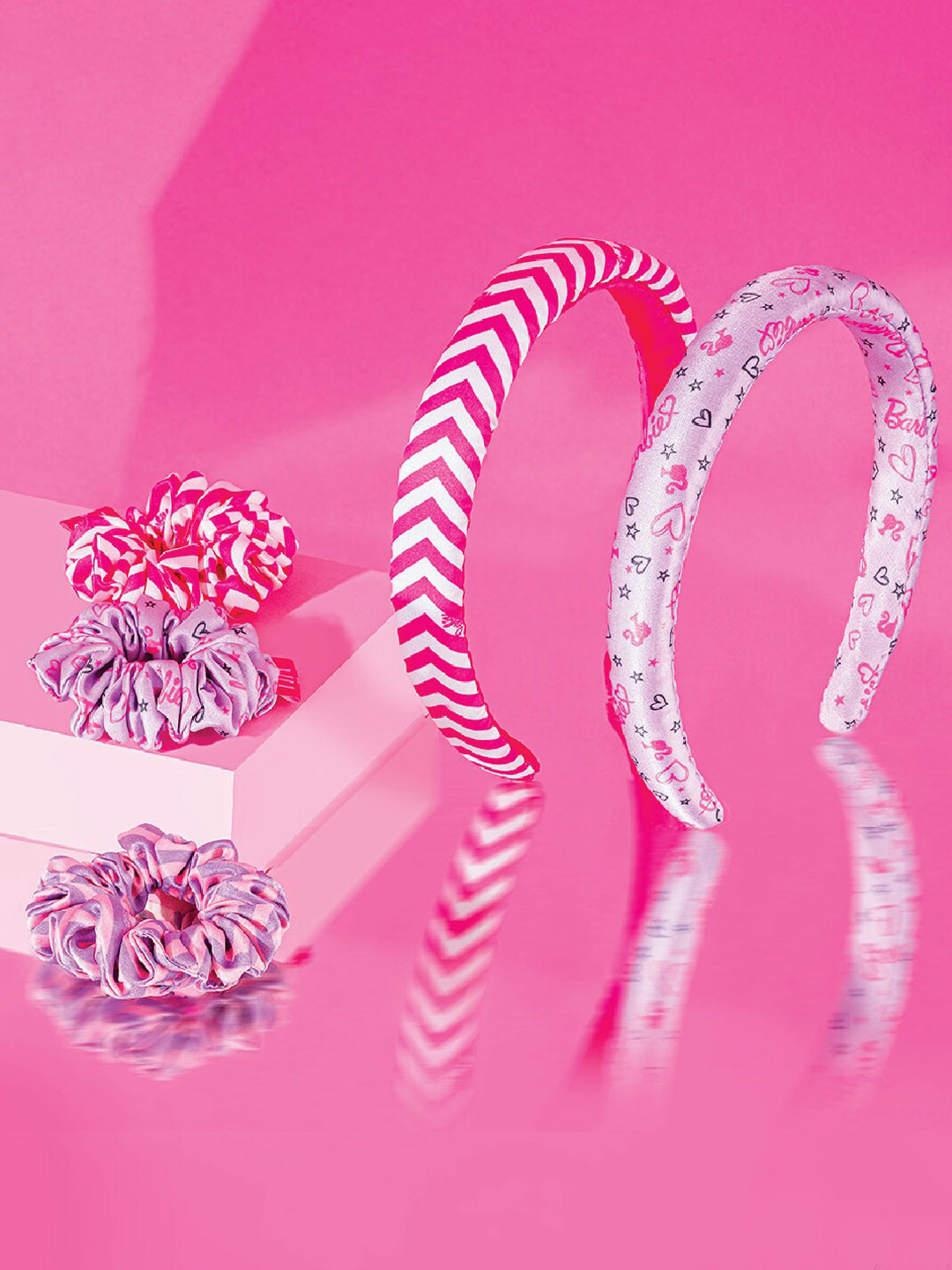 HAIR DRAMA CO. Girls Set Of 5 Barbie Printed Satin Puff Hairbands & Satin Scrunchies