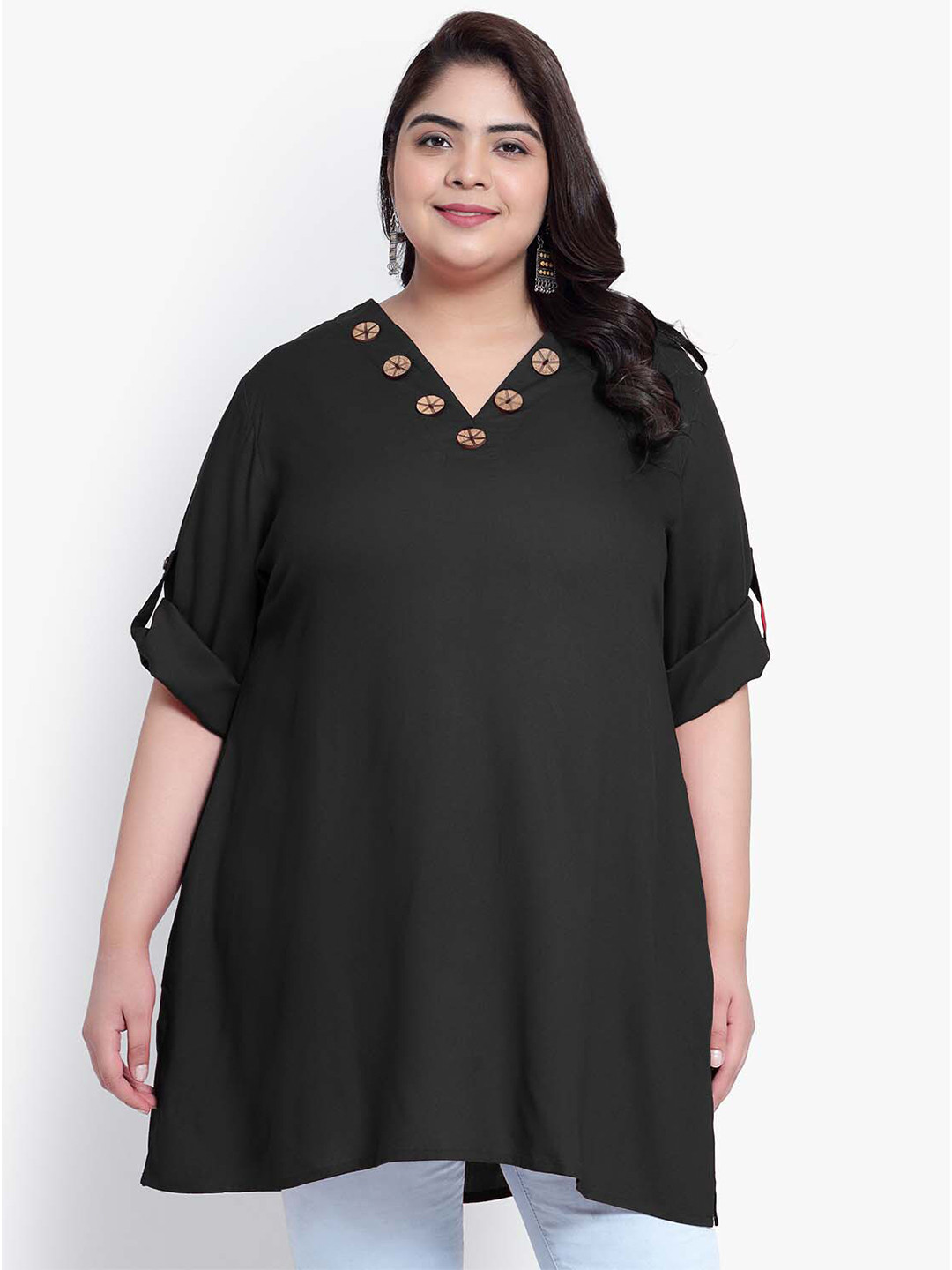 Indietoga Plus Size Casual Roll-Up Sleeves Longline Tunic