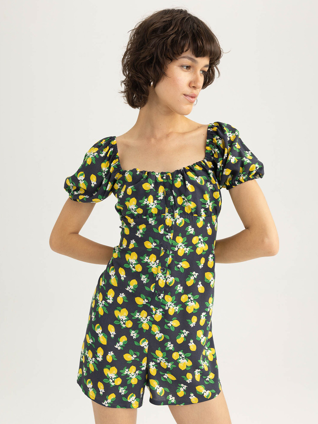 DeFacto Floral Printed Puff Sleeves Playsuit