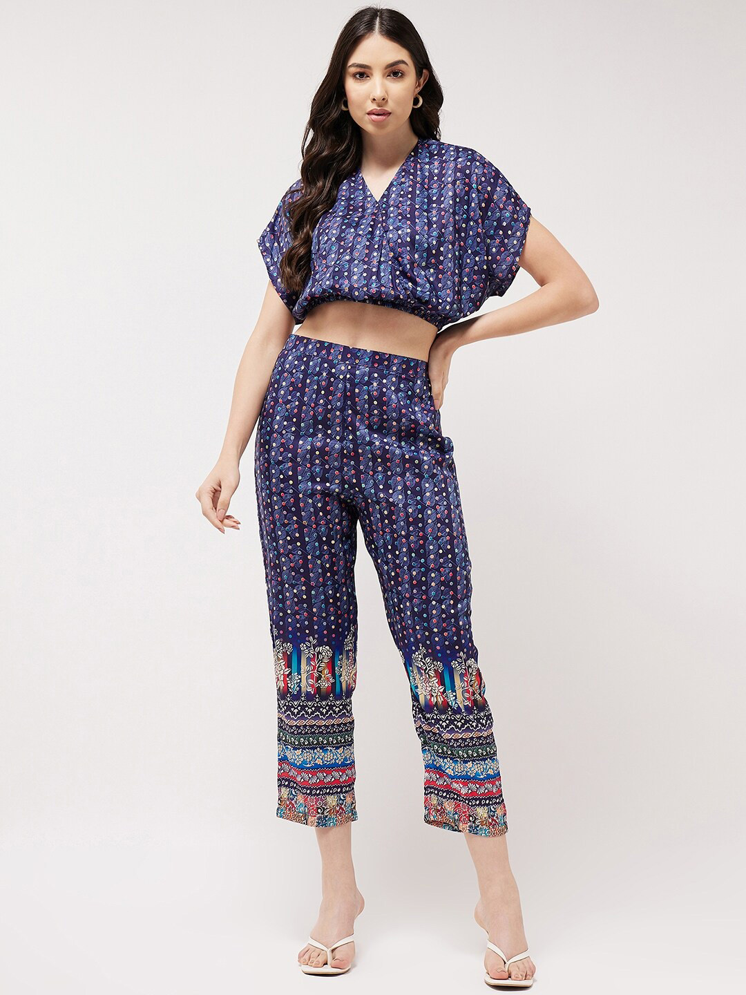 Pannkh V-Neck Ethnic Motifs Printed Crop Top & Cropped Trouser