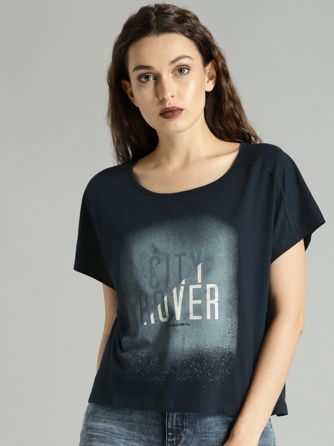 Roadster Women Navy Blue Printed Round Neck Boxy Pure Cotton Regular Fit T-shirt