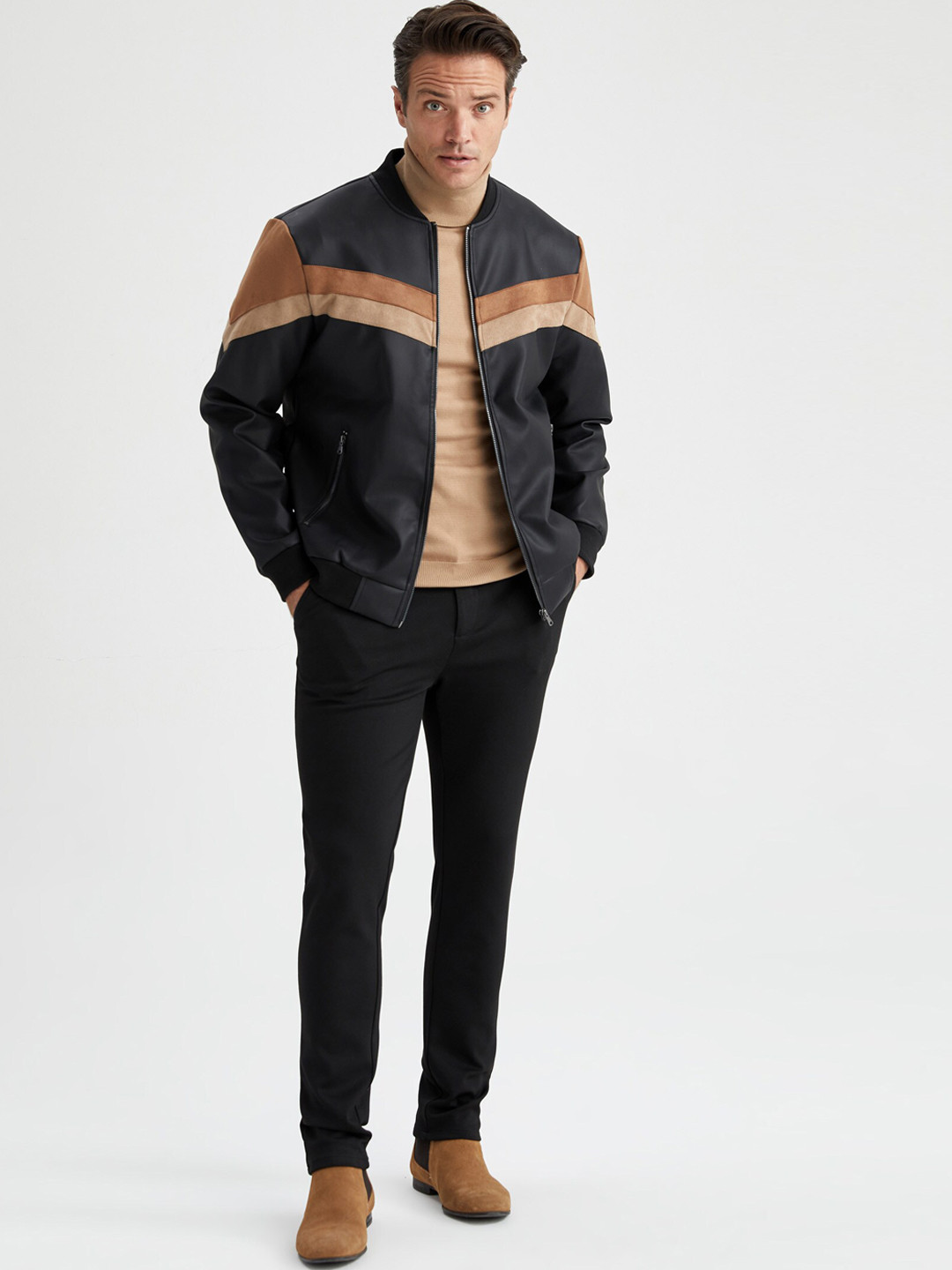 DeFacto Stand Collar Colourblocked Bomber Jacket