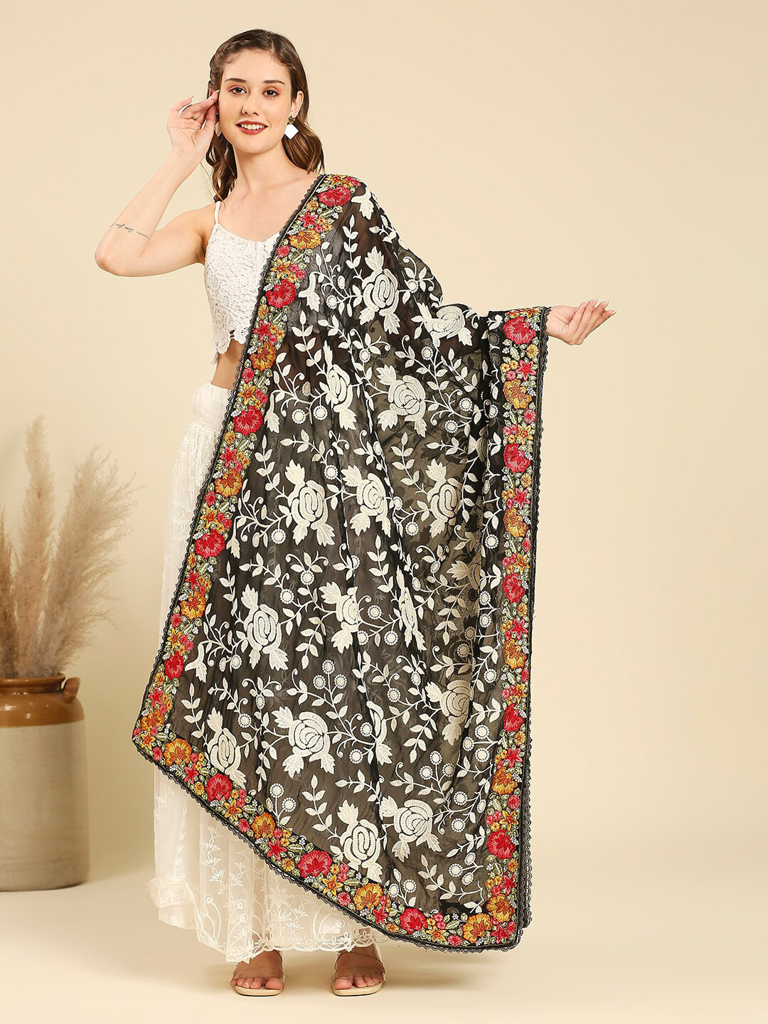 Dupatta Bazaar Floral Embroidered Georgette Dupatta