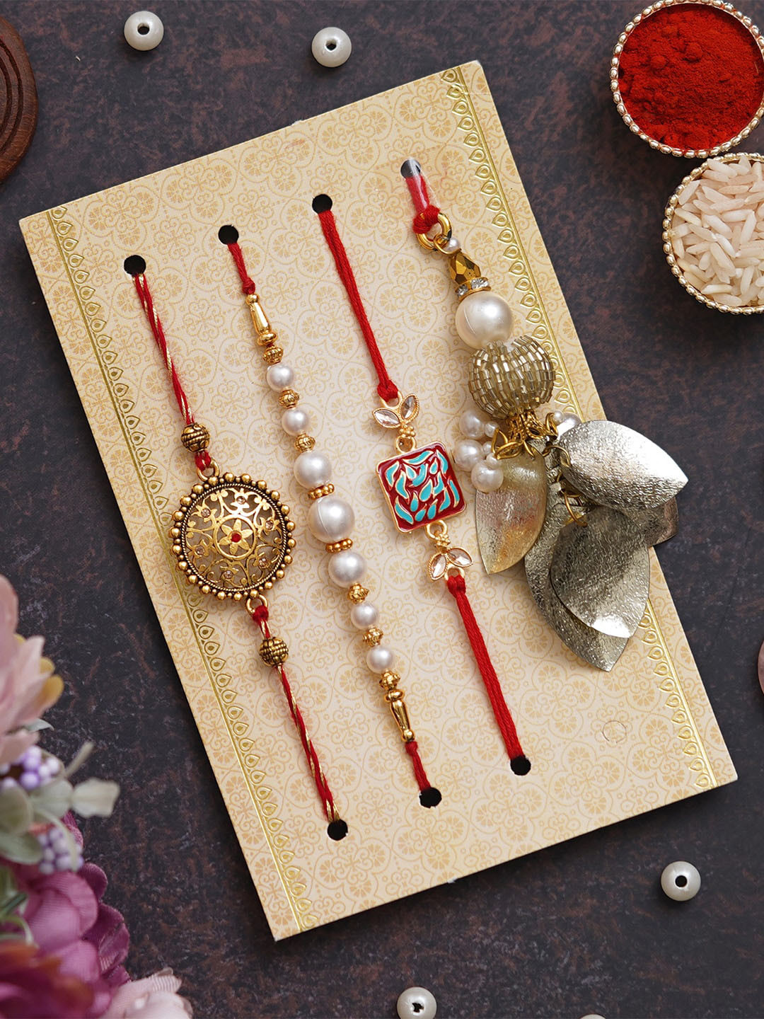 eCraftIndia Set of 4 Beaded Rakhis With Roli Chawal Greeting Card & Cadbury Chocolate Box