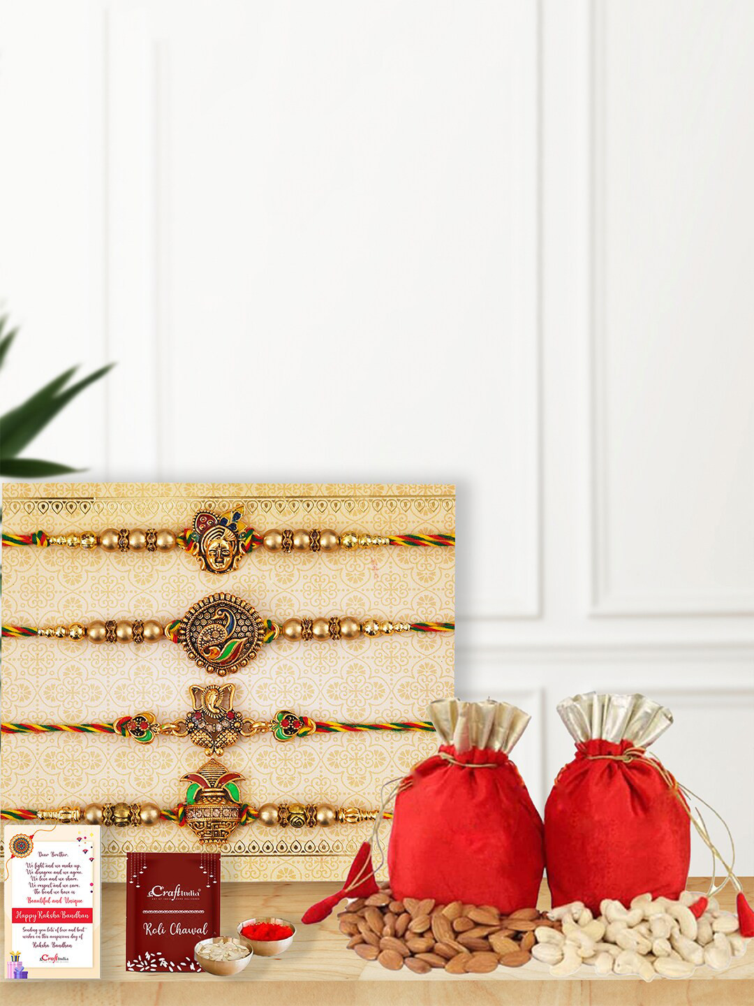 eCraftIndia Set of 4 Shrinathji & Ganesha Designer Rakhis Set With Cashew Almond Dryfruits