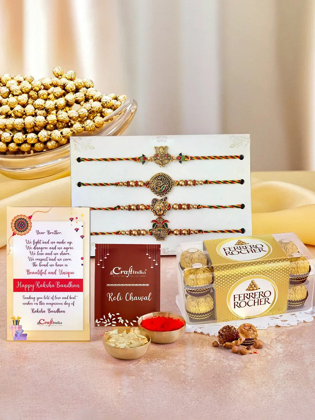 eCraftIndia Set Of 4 Artificial Stones Studded & Beaded Thread Rakhis With Ferrero Rocher