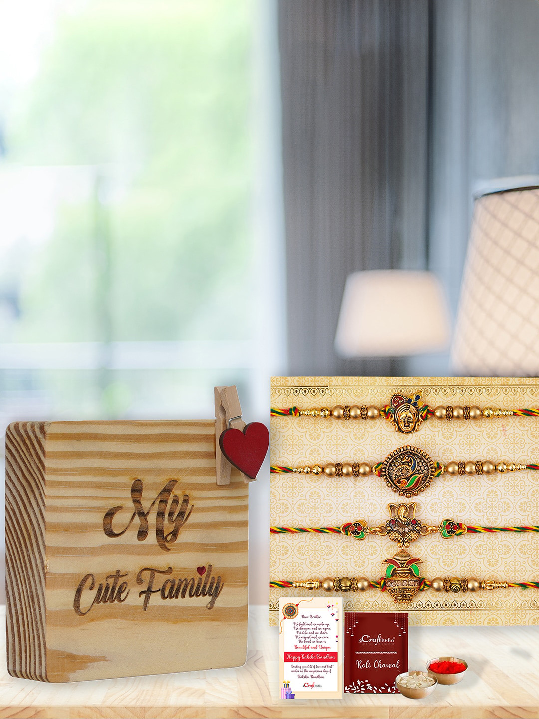 eCraftIndia Set of 4 Beaded Rakhi with Roli Chawal Greeting Card & Family Photo Frame