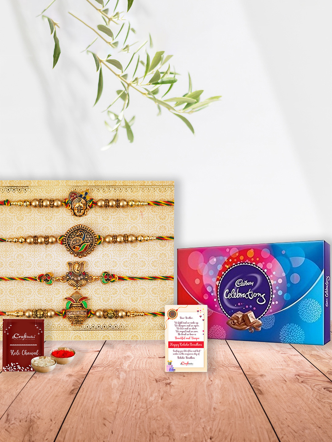 eCraftIndia Set of 4 Shrinathji, Peacock, Ganesha, Kalash Rakhis and Cadbury Celebrations
