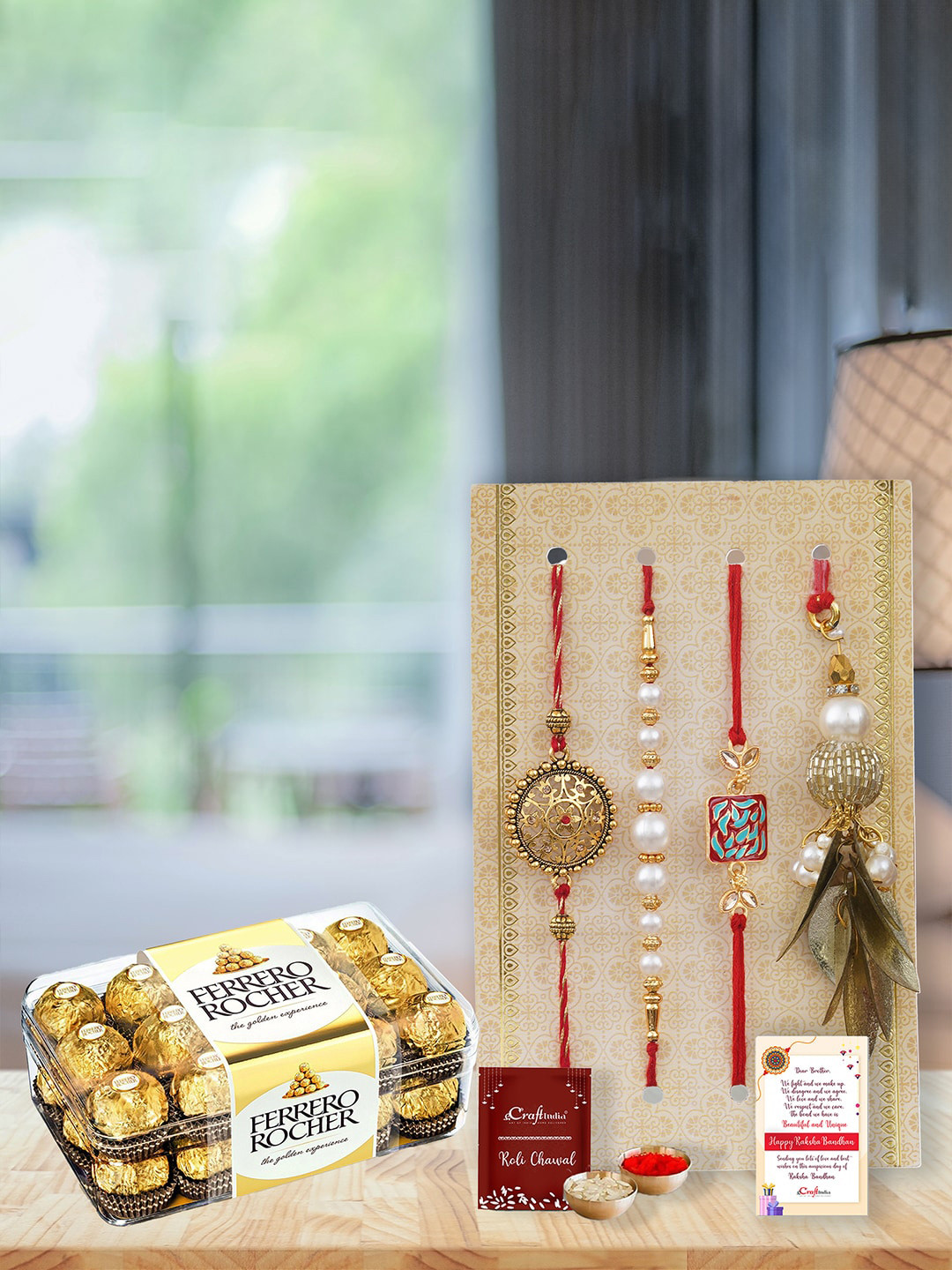 eCraftIndia Set of 4 Stone Studded & Beaded Rakhi With Ferrero Rocher