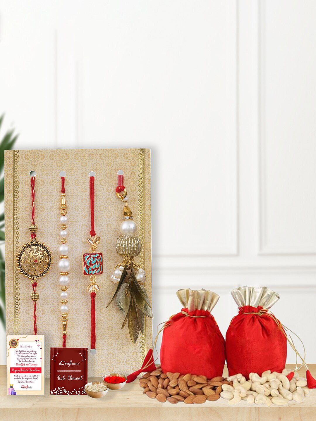 eCraftIndia Set of 4 Floral, Pearls, Diamonds, Lumba Rakhis with Cashew Almond Dryfruits
